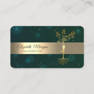 Carte De Visite Instructrice de Yoga de l'Arbre d'Or Vert Élégant