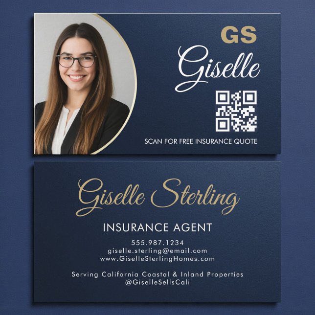 Carte De Visite Insurance Agent Navy Blue Gold Photo Metallic (Créateur téléchargé)