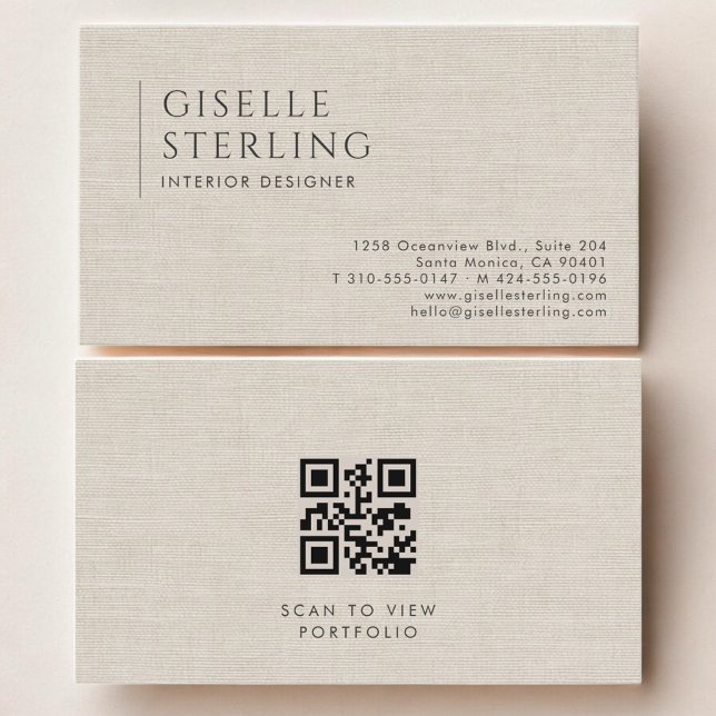 Carte De Visite Interior Designer Luxury Neutral Linen QR Code (Créateur téléchargé)