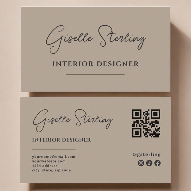 Carte De Visite Interior Designer Neutral Taupe Script QR Code (Créateur téléchargé)