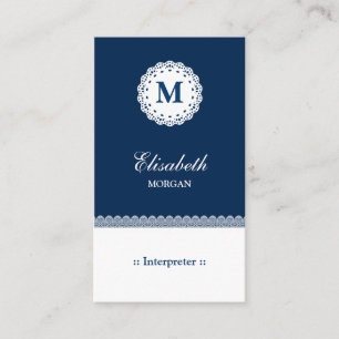 Carte De Visite Interprète bleu blanc dentelle Monogramme