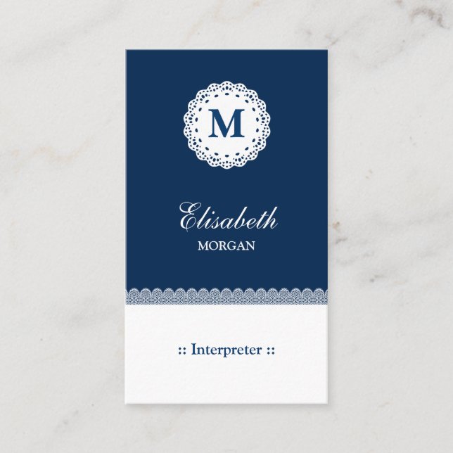 Carte De Visite Interprète bleu blanc dentelle Monogramme (Devant)