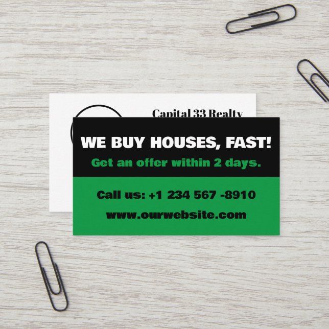 Carte De Visite Investisseur immobilier vert et noir Nous achetons (Devant/Arrière en situation)