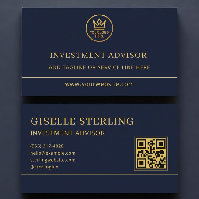 Carte De Visite Investment Advisor Blue Gold Logo QR Code (Créateur téléchargé)