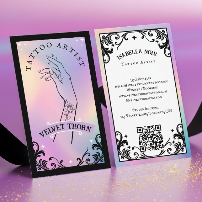 Carte De Visite Iridescent Holographic Gothic Tattoo Artist (Iridescent Holographic Tattoo Artist Business Card)
