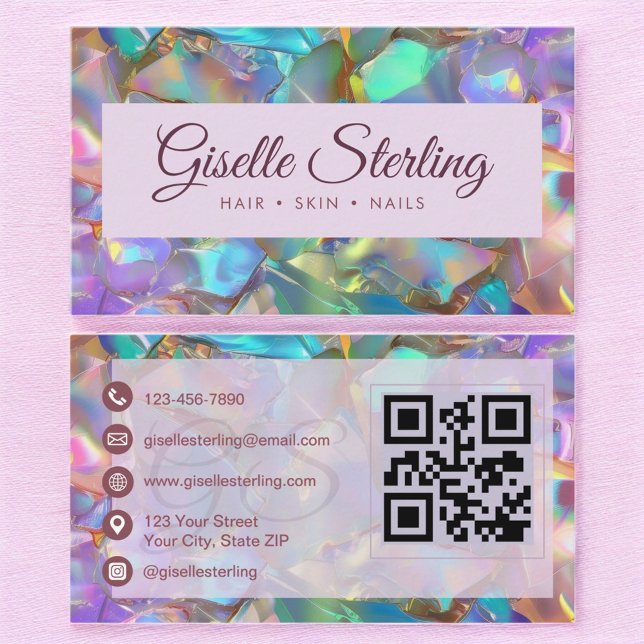 Carte De Visite Iridescente Opal Stone QR Code élégant Moderne (Créateur téléchargé)