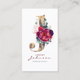Carte De Visite J Monogram Bourgogne Fleurs rouges et Faux Gold