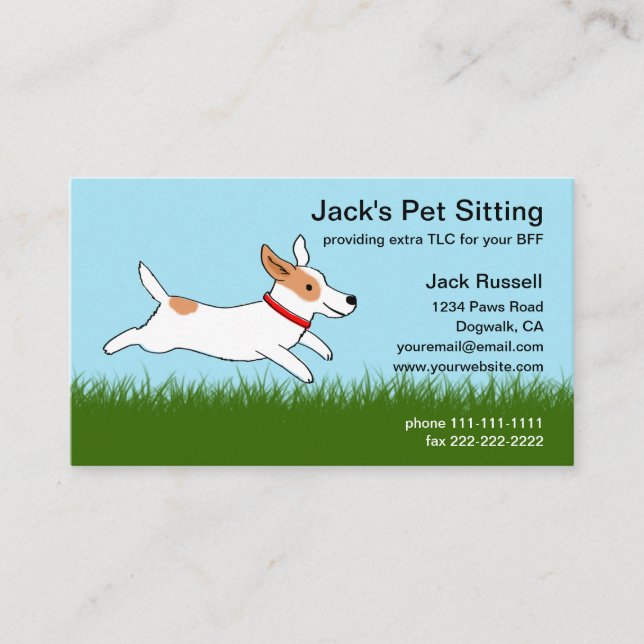 Carte De Visite Jack Russell Cartoon Dog tourne sur l'herbe - Pet  (Devant)