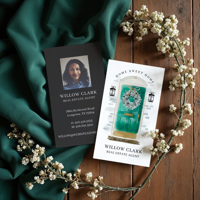 Carte De Visite Jade Aquarelle Porte Avant Wreath Immobilier (Jade Watercolor Front Door Wreath Real Estate Business Card)