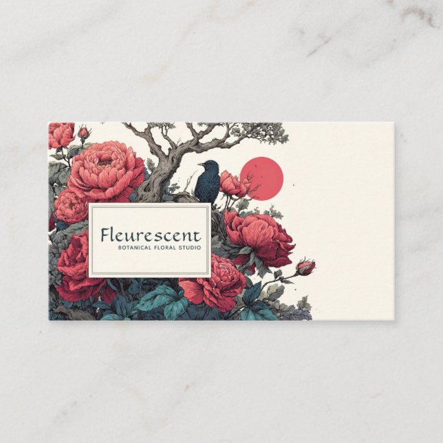 Carte De Visite Japanese Ukiyo-e Style Red Peony Black Bird (Devant)