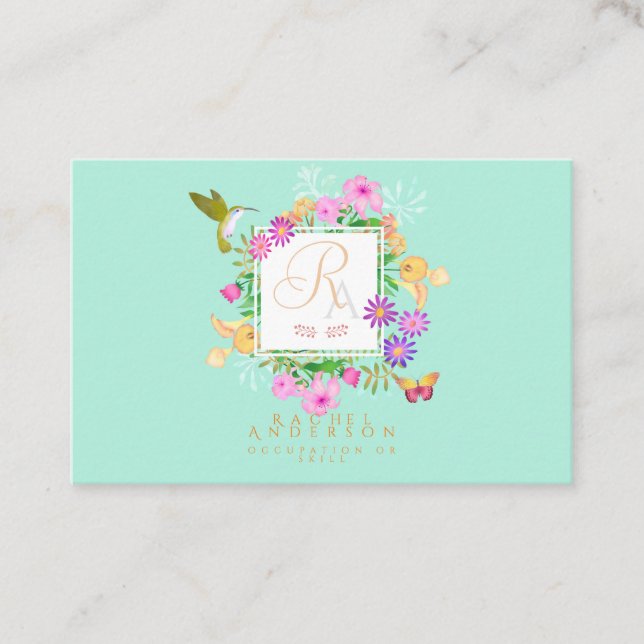 Carte De Visite Jardin floral Aqua horizontal (Devant)