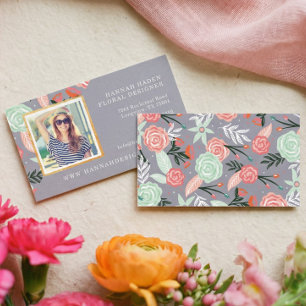 Carte De Visite Jardin Floral Rose & Mint & Cadre Photo Or
