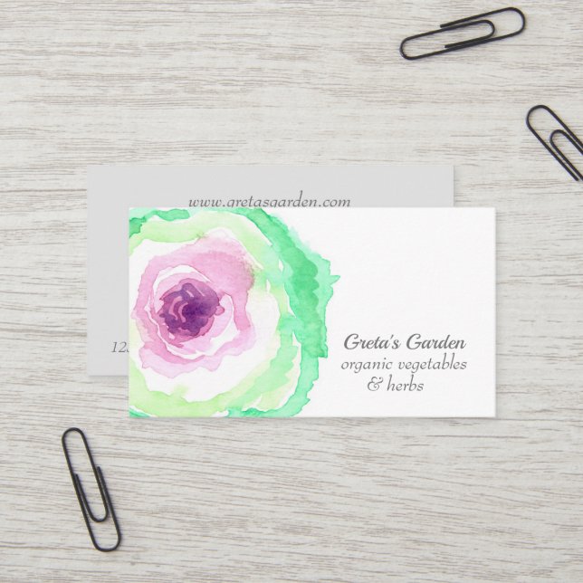 Carte De Visite Jardin Légumes Chou Herbes Aquarelle (Devant/Arrière en situation)