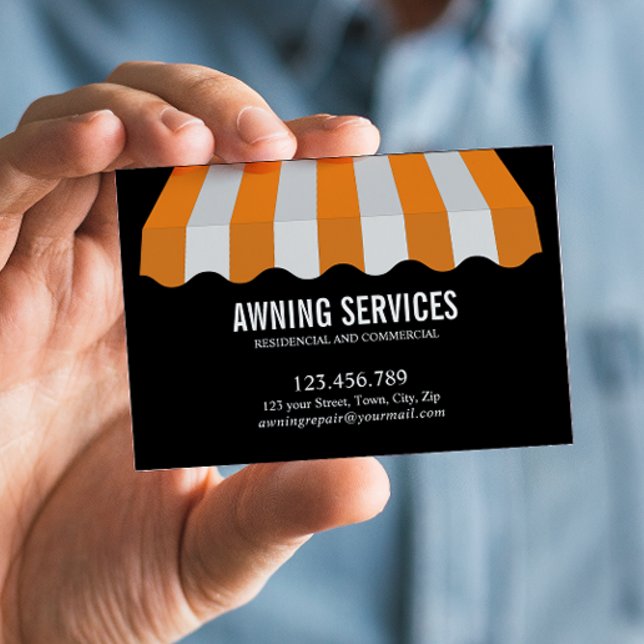 Carte De Visite Jaune Blanc Services de nettoyage Professionnel (Yellow and White Striped Awning Business Card: Custom Design, Repair, Motorization, and More Service)