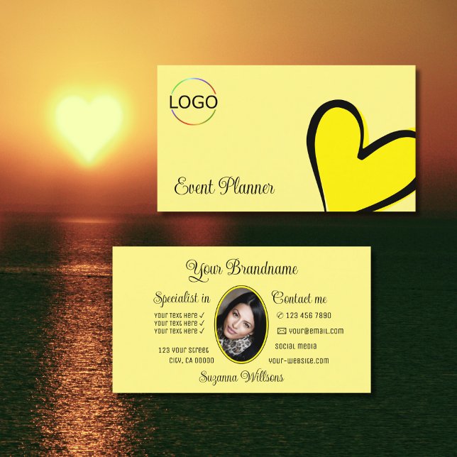 Carte De Visite Jaune clair et joli coeur avec logo et photo (Créateur téléchargé)