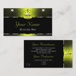Carte De Visite Jaune Noir Squiggles Étincelant Diamants Monogramm