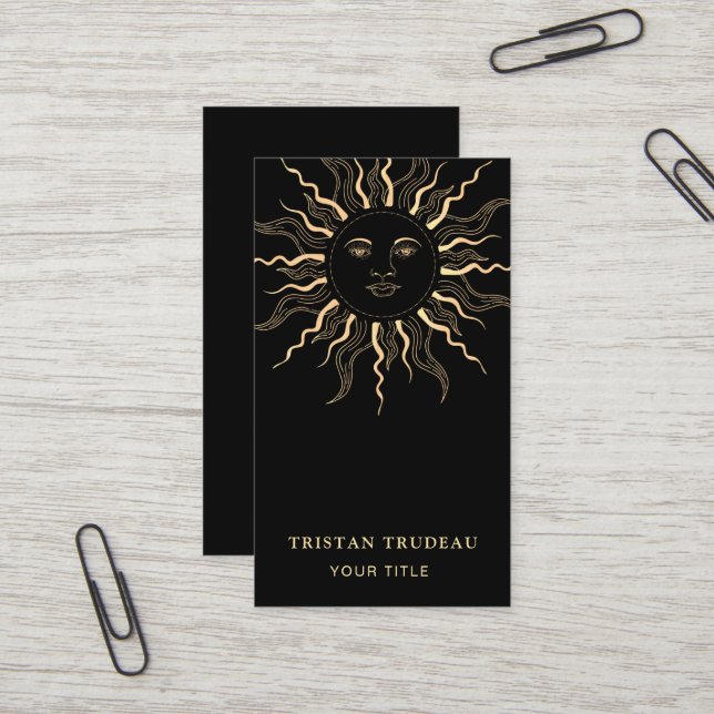 Carte De Visite Jaune or noir soleil lune céleste (Devant/Arrière en situation)