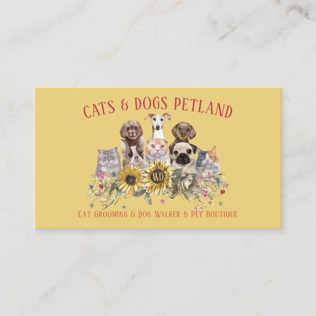 Carte De Visite Jaune rouge tournesol chien Walker chat Grooming P (Devant)
