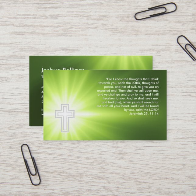 Carte De Visite Jérémie 29 ; 11-14 - Croix religieuse - vert (Devant/Arrière en situation)