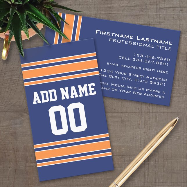 Carte De Visite Jersey Sport Blue Orange avec nom et numéro (Custom Business Card Template)