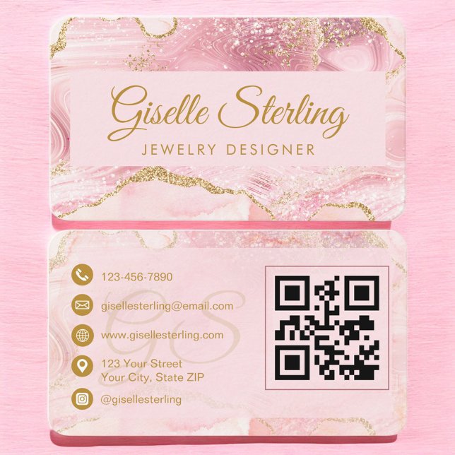 Carte De Visite Jewelry Designer Pink Gold Agate QR Code (Créateur téléchargé)