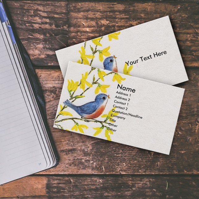 Carte De Visite Joli Chanteur Oiseau Bleu Arbre (Cute spring time red blue bird on branch yellow flowers on white business card.)
