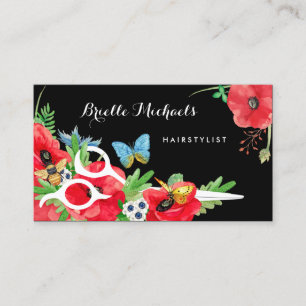 Carte De Visite Joli coiffeur Rouge Poppy Floral Avec Ciseaux