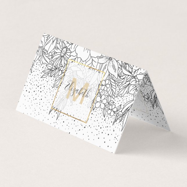 Carte De Visite Joli Doodé à fleurs et confetti noir blanc (Devant)