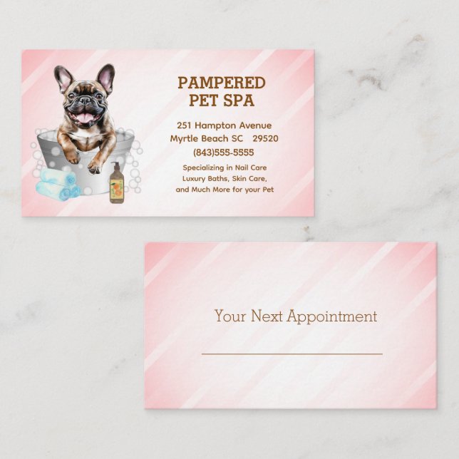 Carte De Visite Joli Français Bulldog Pet Groomer Spa rendez-vous (Devant / Derrière)