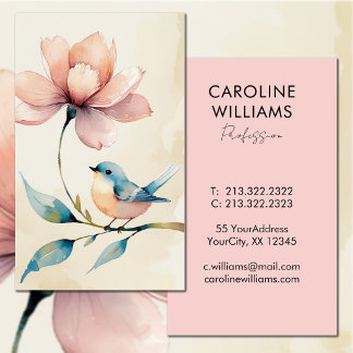 Carte De Visite Joli oiseau bleu fleur rose aquarelle