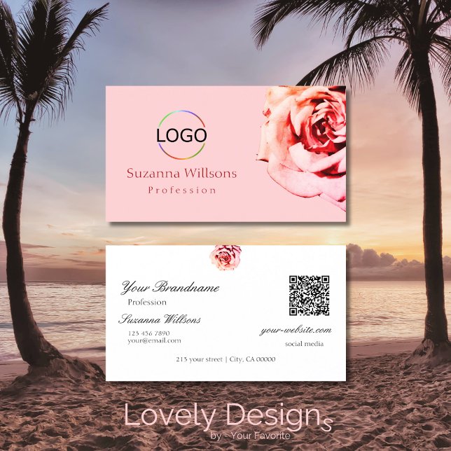 Carte De Visite Joli Rose sur rose clair avec logo QR Code (Créateur téléchargé)