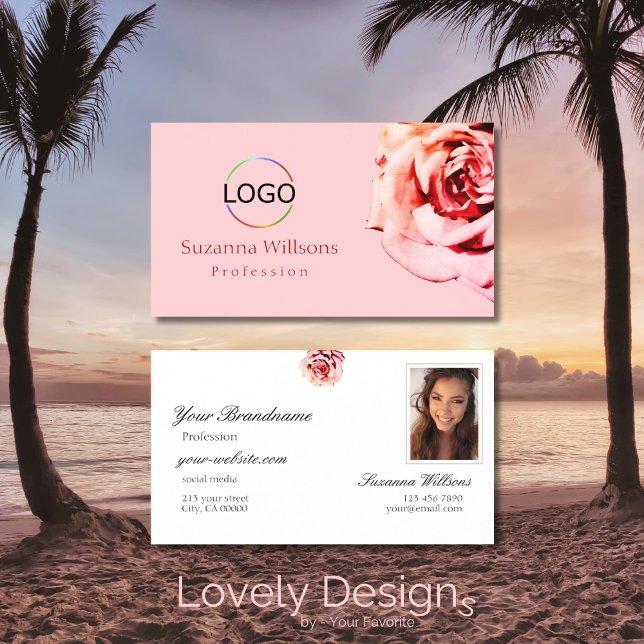 Carte De Visite Joli Rose sur rose clair clair avec logo Photo (Créateur téléchargé)