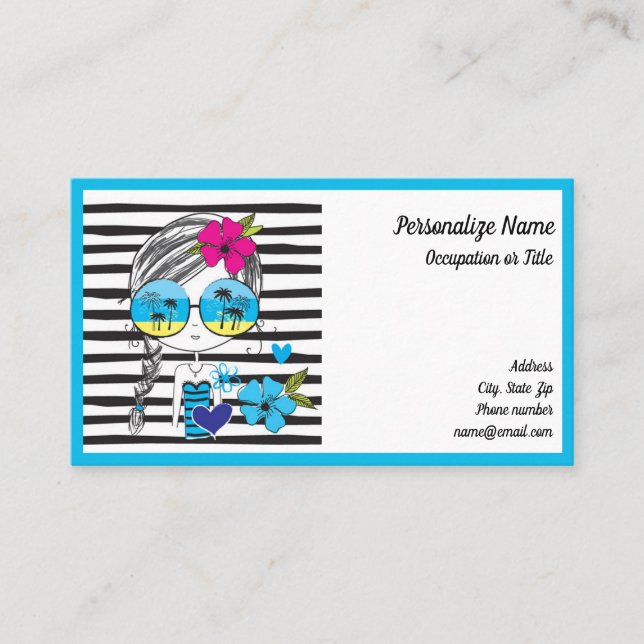 Carte De Visite Joli Summer Girl Beach Palm Trees Blue Black Busin (Devant)