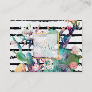 Carte De Visite Jolie aquarelle cactus design floral et rayures