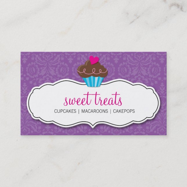 CARTE DE VISITE jolie damask cupcake violet rose (Devant)