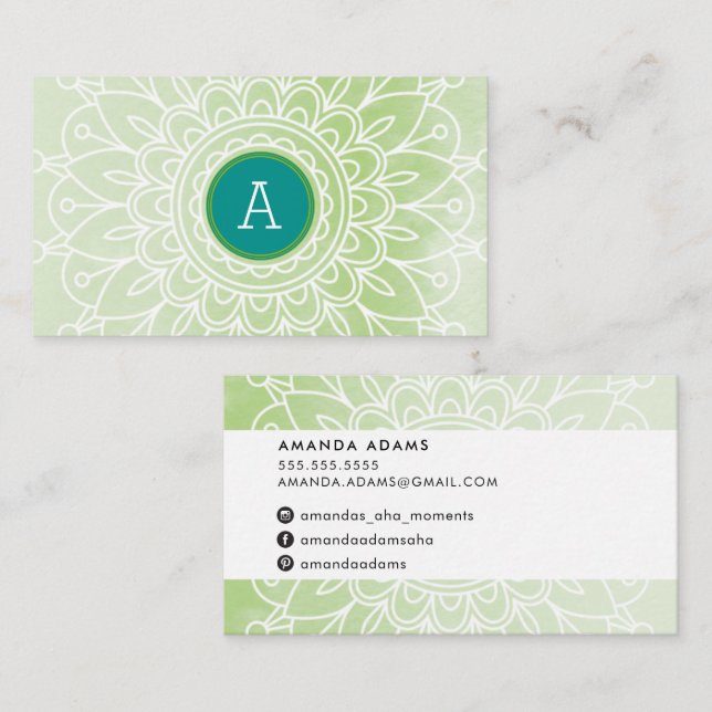 Carte De Visite JOLIE MONOGRAMME moderne boho mandala motif vert (Devant / Derrière)