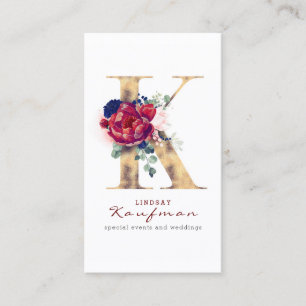 Carte De Visite K Monogram Burgundy Gold et Navy Blue Floral