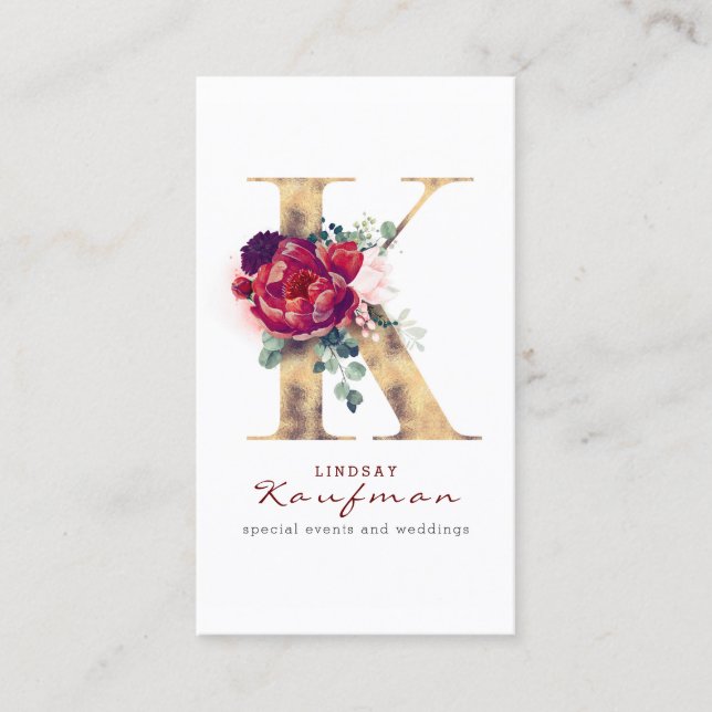 Carte De Visite K Monogramme Bourgogne Flore rouge et Parties scin (Devant)