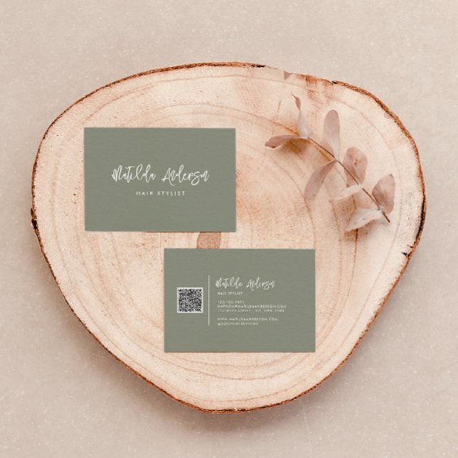 Carte De Visite Khaki vert moderne script minimal QR CODE (Créateur téléchargé)