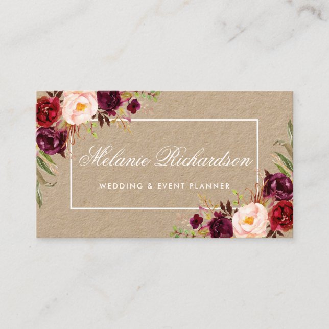Carte De Visite Kraft Aquarelle Florale Bourgogne Marsala (Devant)