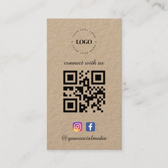 Carte De Visite Kraft Connect with Us Logo Médias sociaux Code QR (Devant)