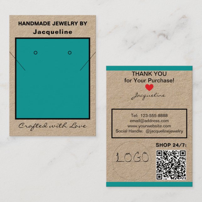 Carte De Visite Kraft Teal Necklace Earrings Logo Website QR Code (Devant / Derrière)