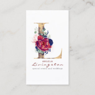 Carte De Visite L Monogram Burgundy Gold et Navy Blue Floral