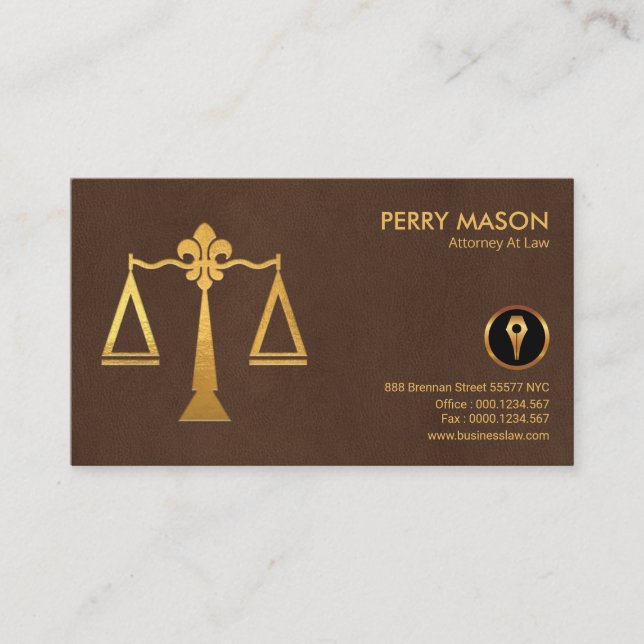 Carte De Visite La justice en cuir Brown élégante d'or mesure (Devant)