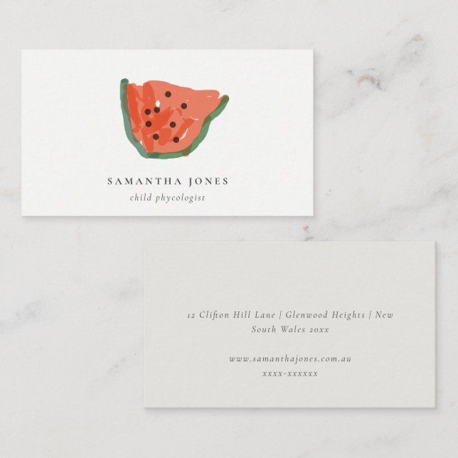 Carte De Visite La Main des enfants Drawn Watermelon Fruit Red Gre (Devant / Derrière)