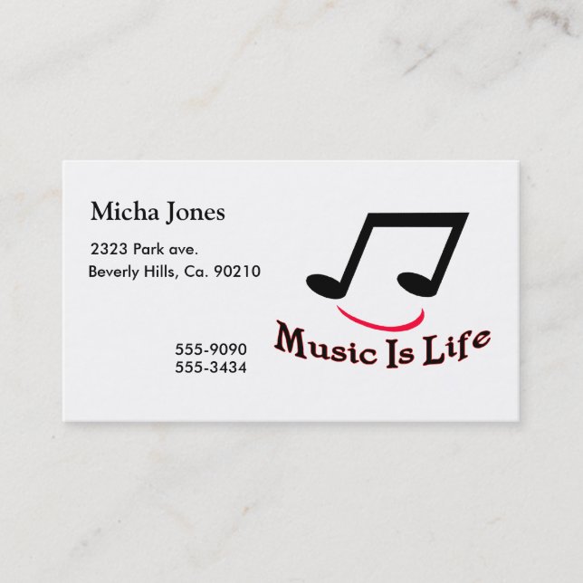 Carte De Visite La musique est note musicale de la vie (Devant)