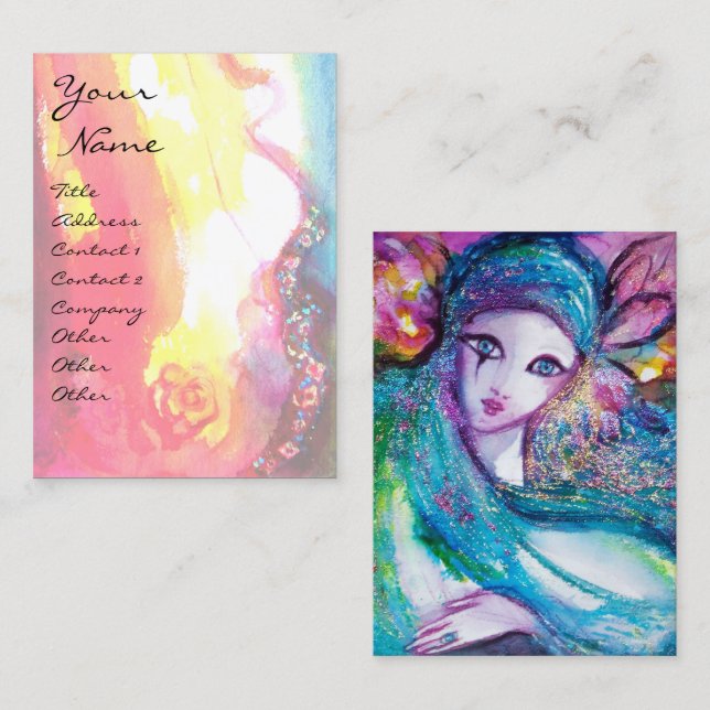 Carte De Visite LADY BLUE MASK Venetian Masquerade Rose or rose (Devant / Derrière)