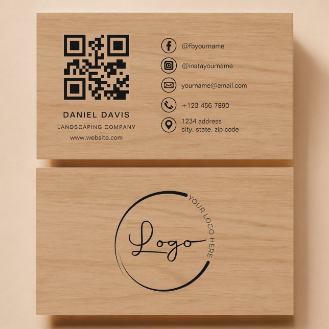 Carte De Visite Landscaping Company Wood Professional QR Code (Créateur téléchargé)