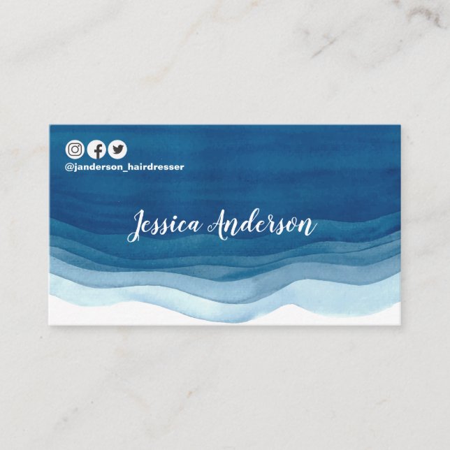 Carte De Visite L'aquarelle bleue ondule le Social moderne de (Devant)