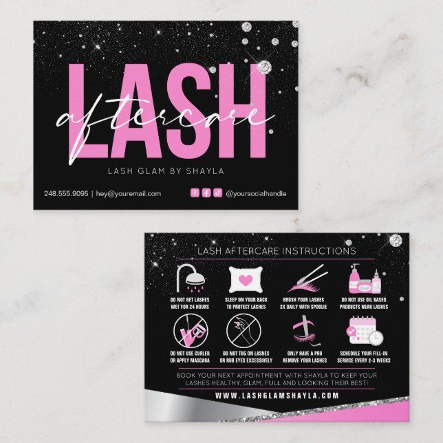 Carte De Visite Lash Extensions post-soins Glam Diamants roses Bus (Devant / Derrière)